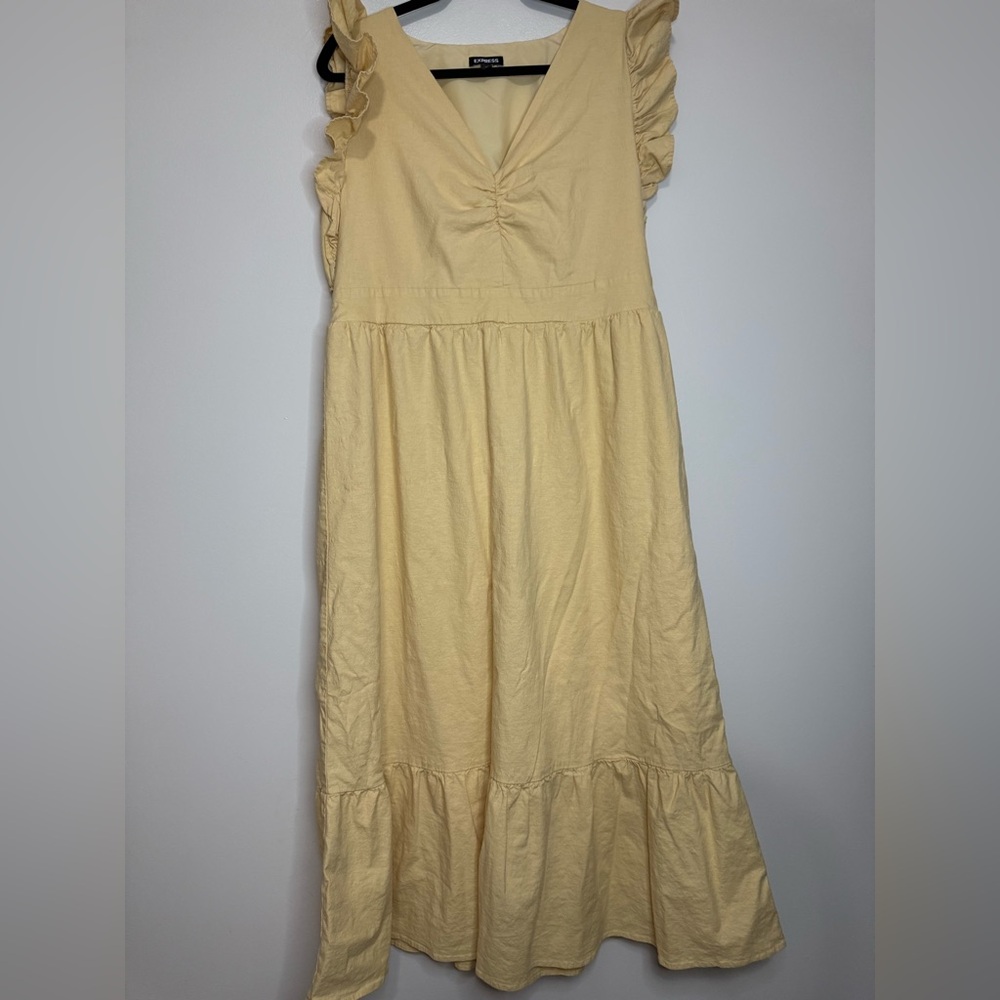Express light Yellow Ruffle Sleeve Dress a-line linen blend in size XL